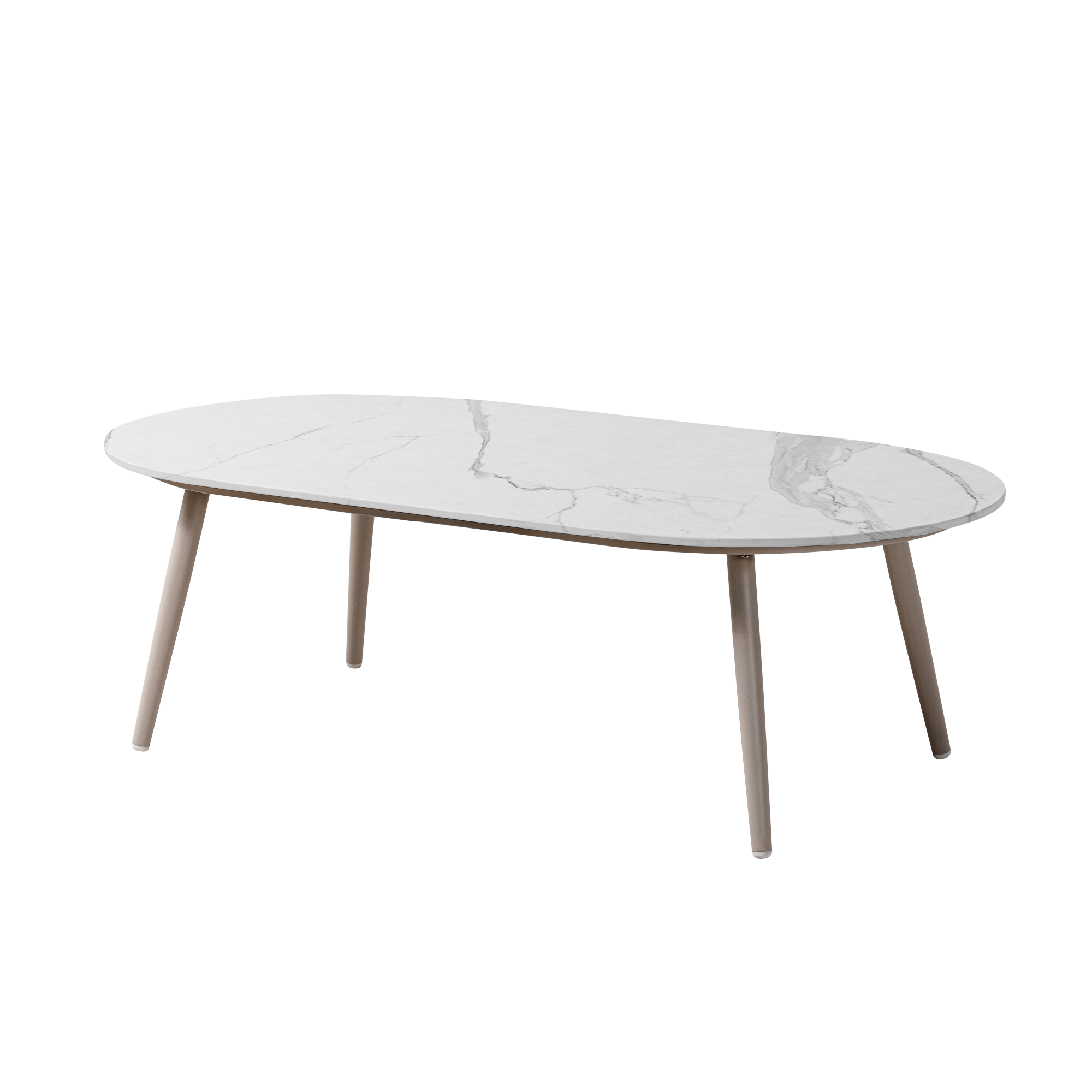 Mesa de centro ovalada Vilá Decoración con superficie de piedra sinterizada blanca y estructura de aluminio color neutro.