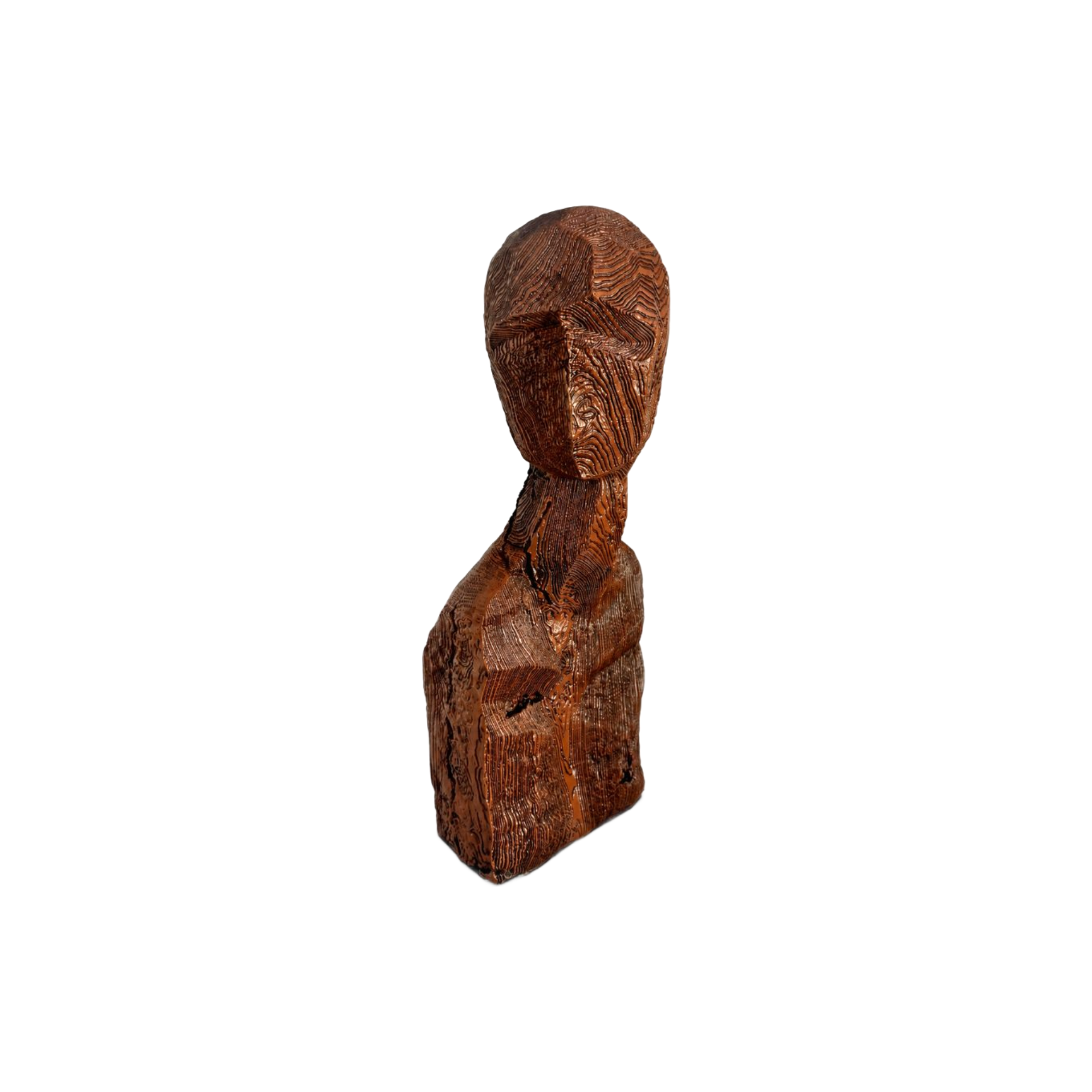 Escultura abstracta de madera artesanal en tono oscuro, ideal para decoración de lujo en el hogar.