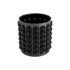 Jarrón decorativo negro con esferas pulidas, vista frontal mostrando textura y brillo.
