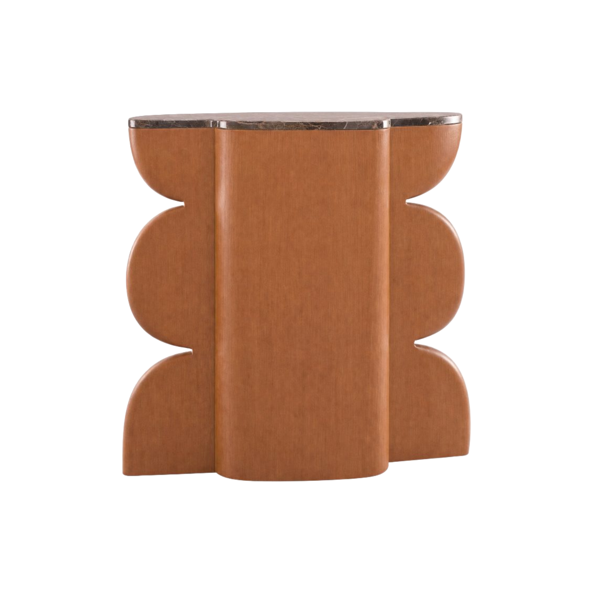 Mesa auxiliar escultural marrón con base de formas curvas y tapa de mármol gris. Diseño moderno.