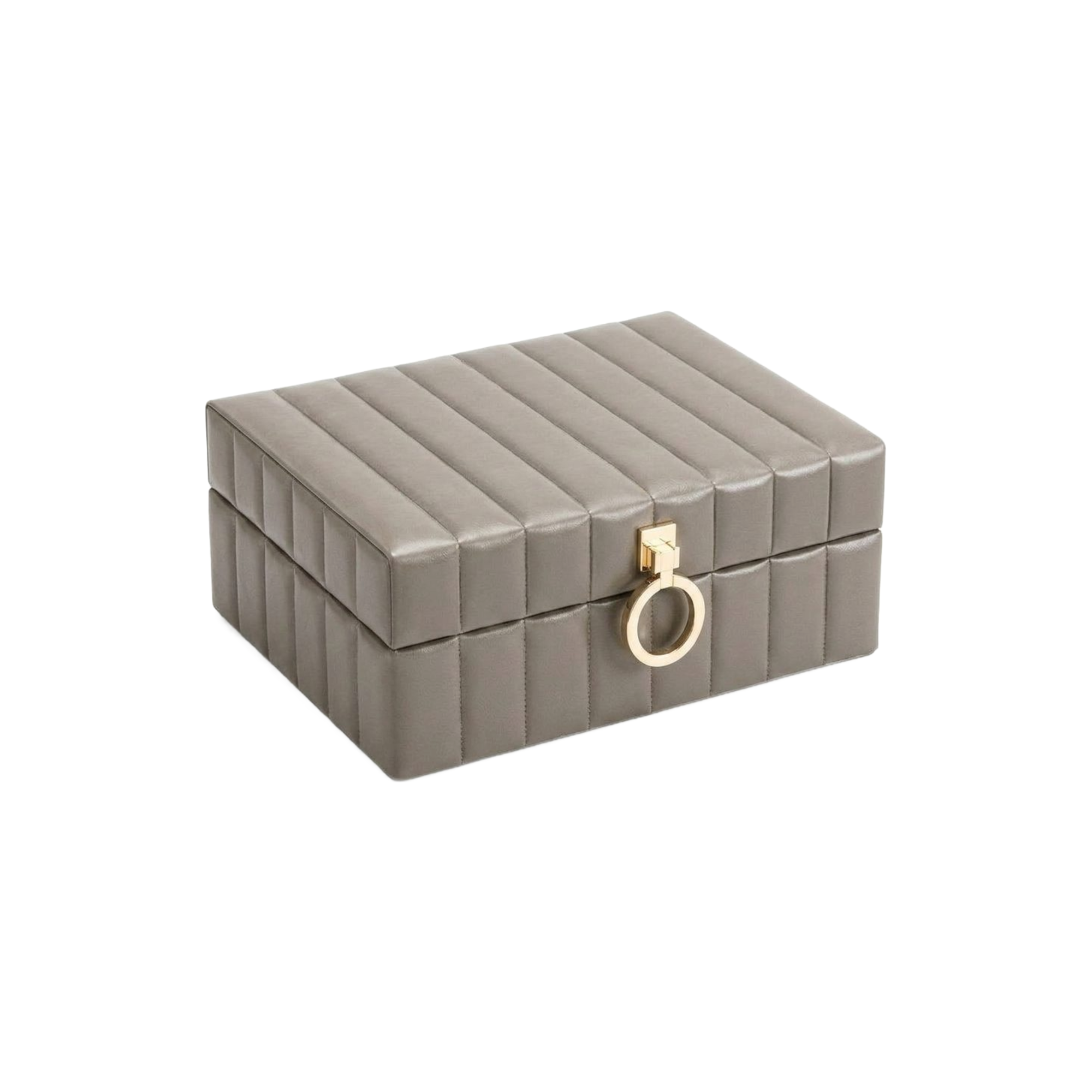 Cofre joyero grande acolchado gris taupe con cierre dorado vista frontal y superior.