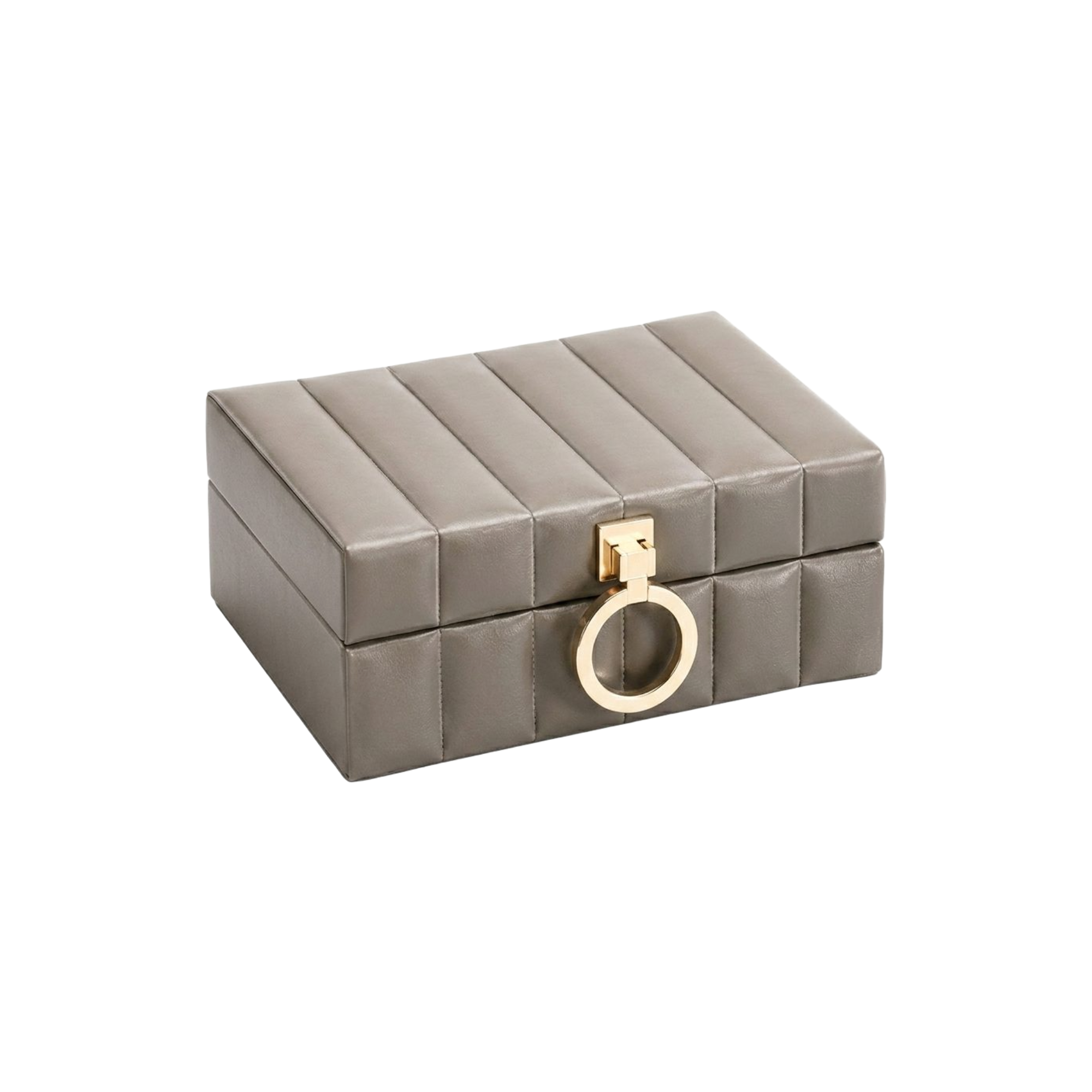 Cofre joyero acolchado en gris topo con detalle dorado, ideal para decoración de lujo.