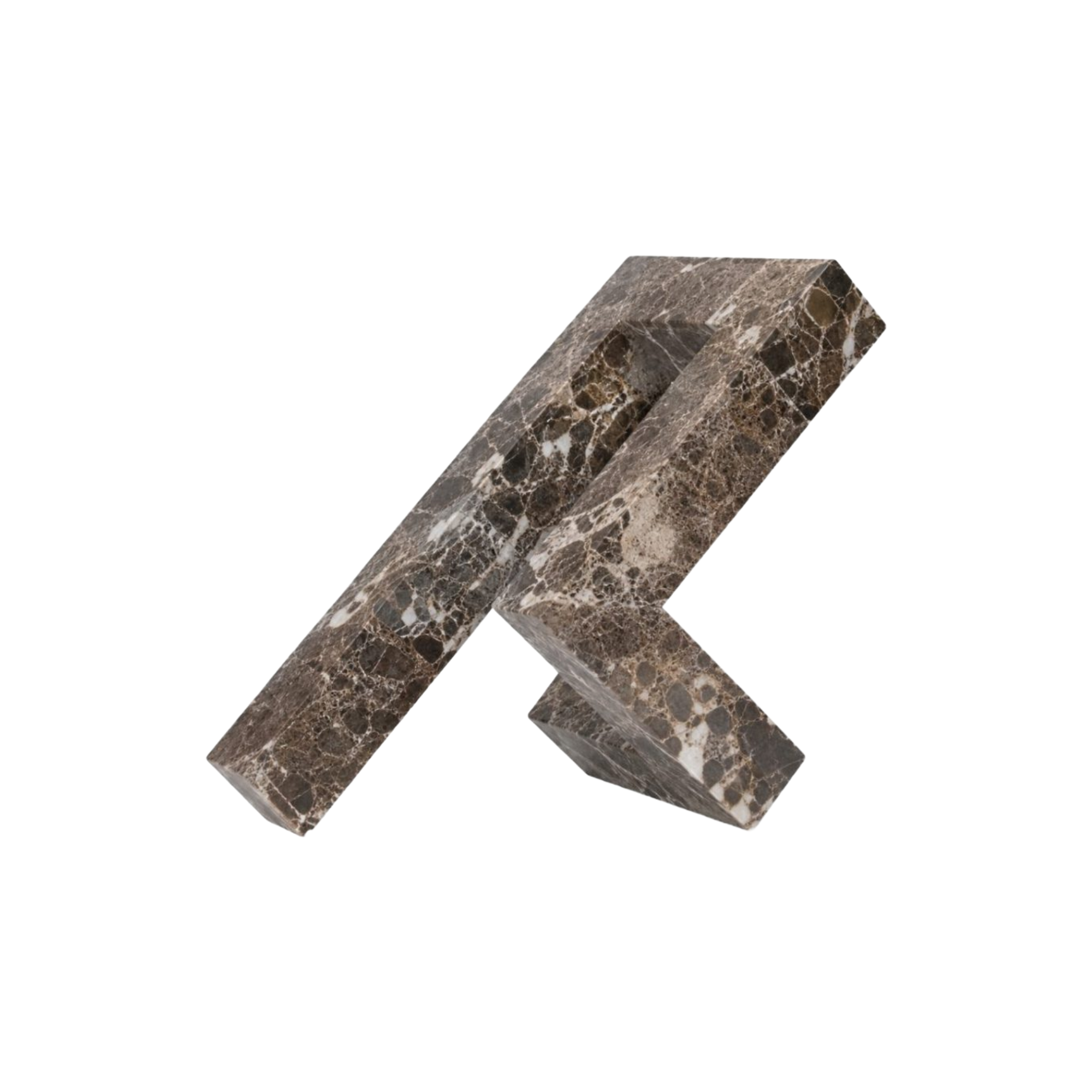 Escultura geométrica abstracta de mármol marrón oscuro veteado, pieza decorativa moderna para interiores.