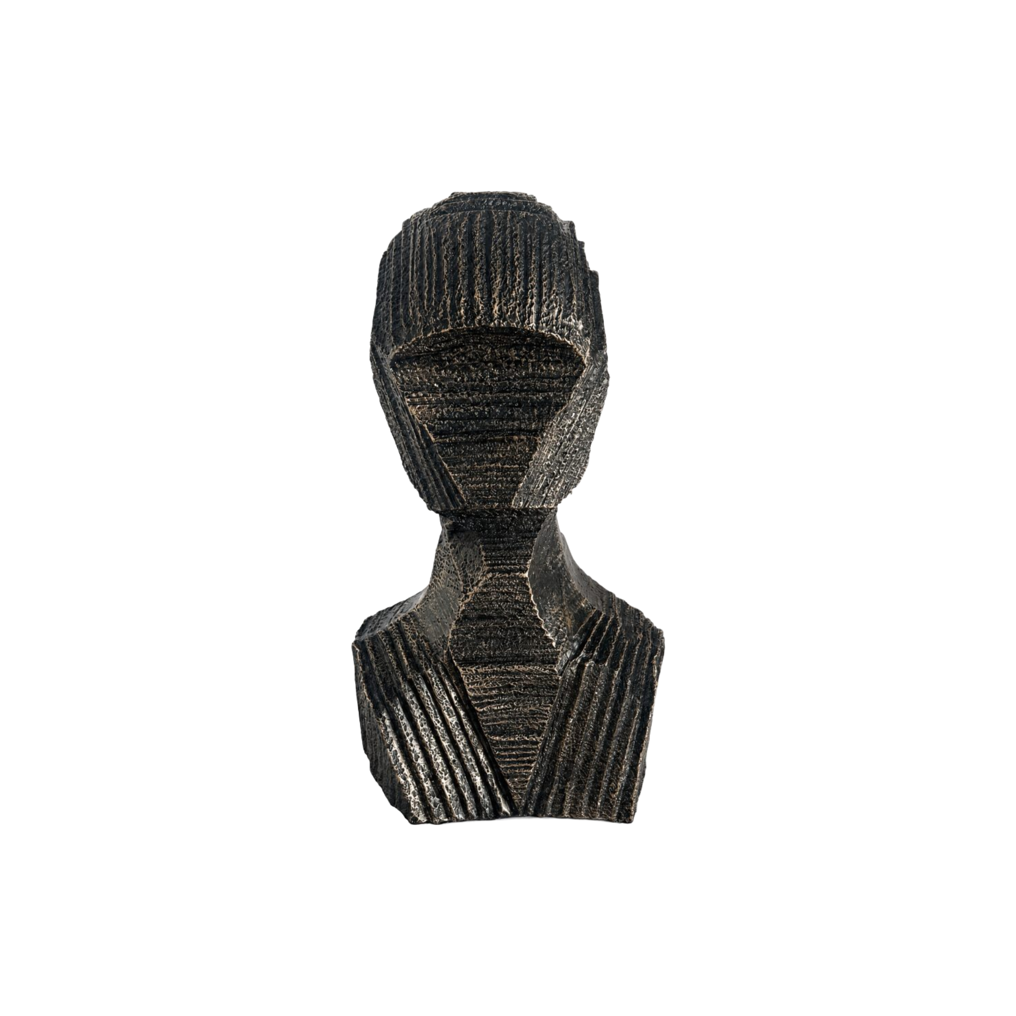 Escultura abstracta moderna tipo busto, color bronce oscuro, textura geométrica facetada para decoración de lujo.