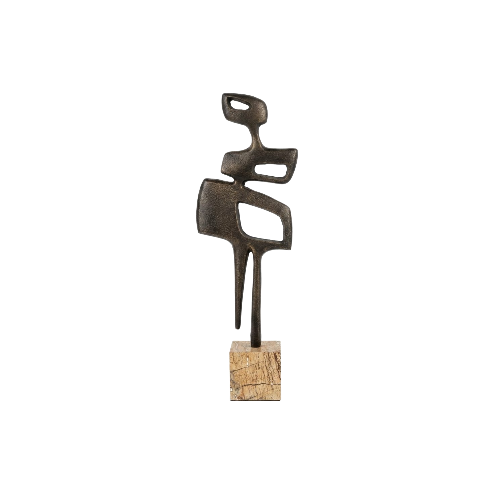 Escultura abstracta moderna de bronce oscuro sobre base de mármol. Figura decorativa de lujo.