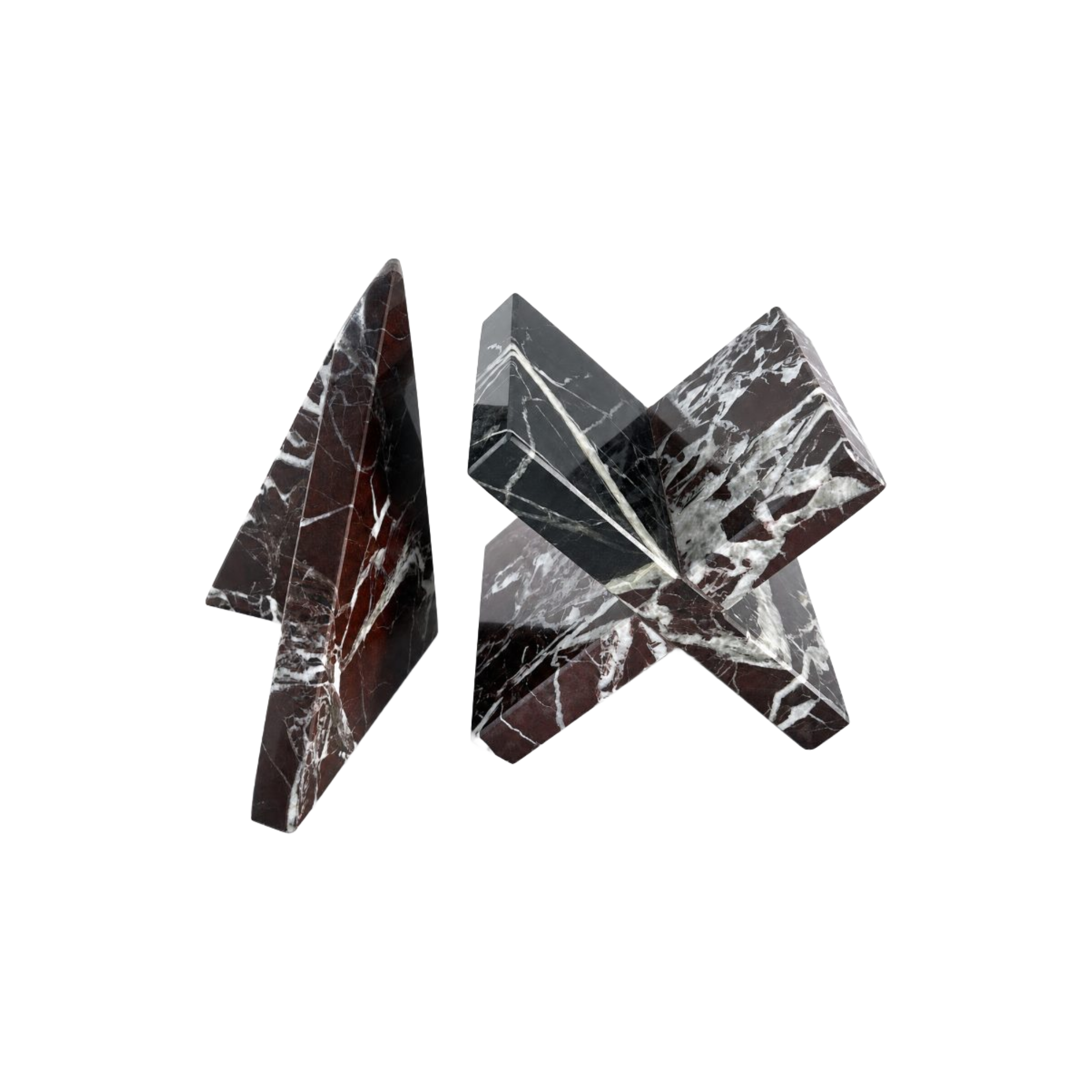 Sujetalibros de mármol oscuro con vetas blancas. Diseño geométrico elegante para decoración de lujo.