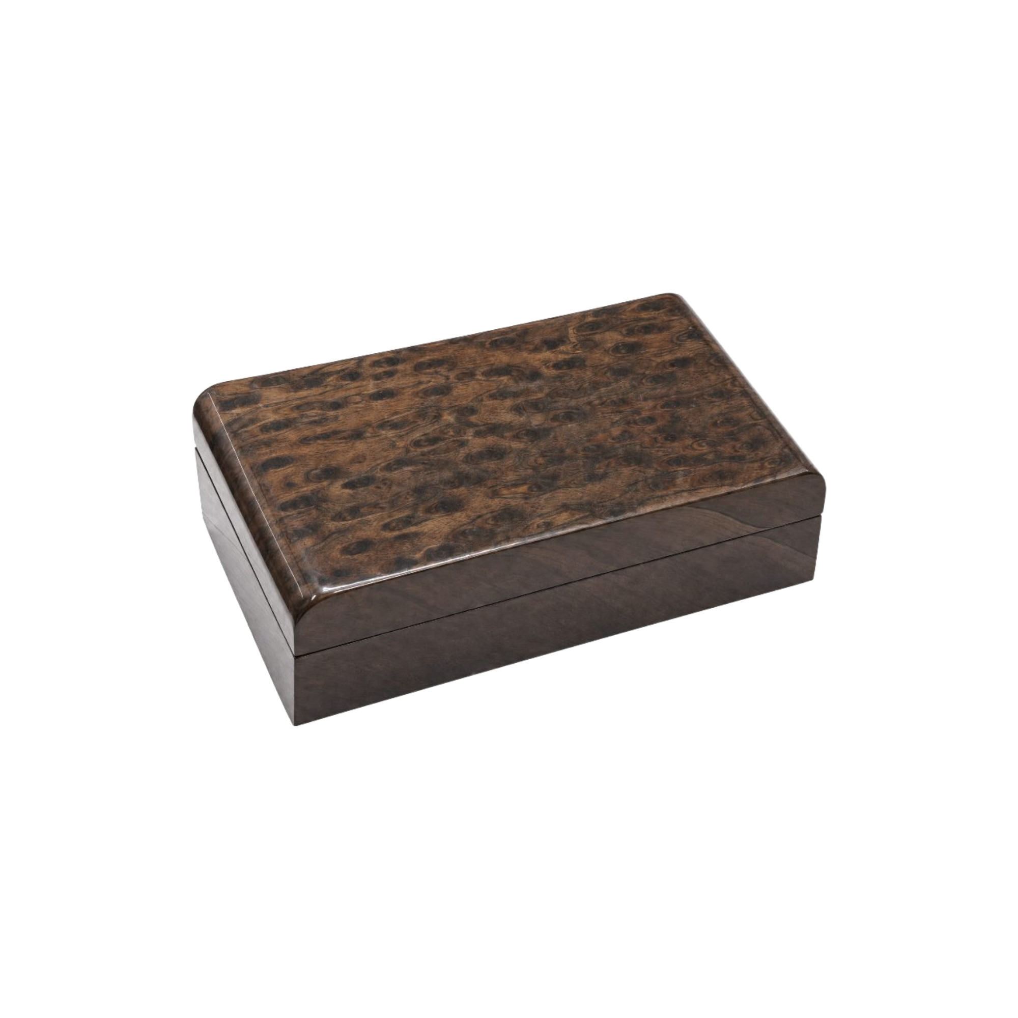 Cofre decorativo grande de lujo en madera con acabado brillante y patrón veteado elegante.