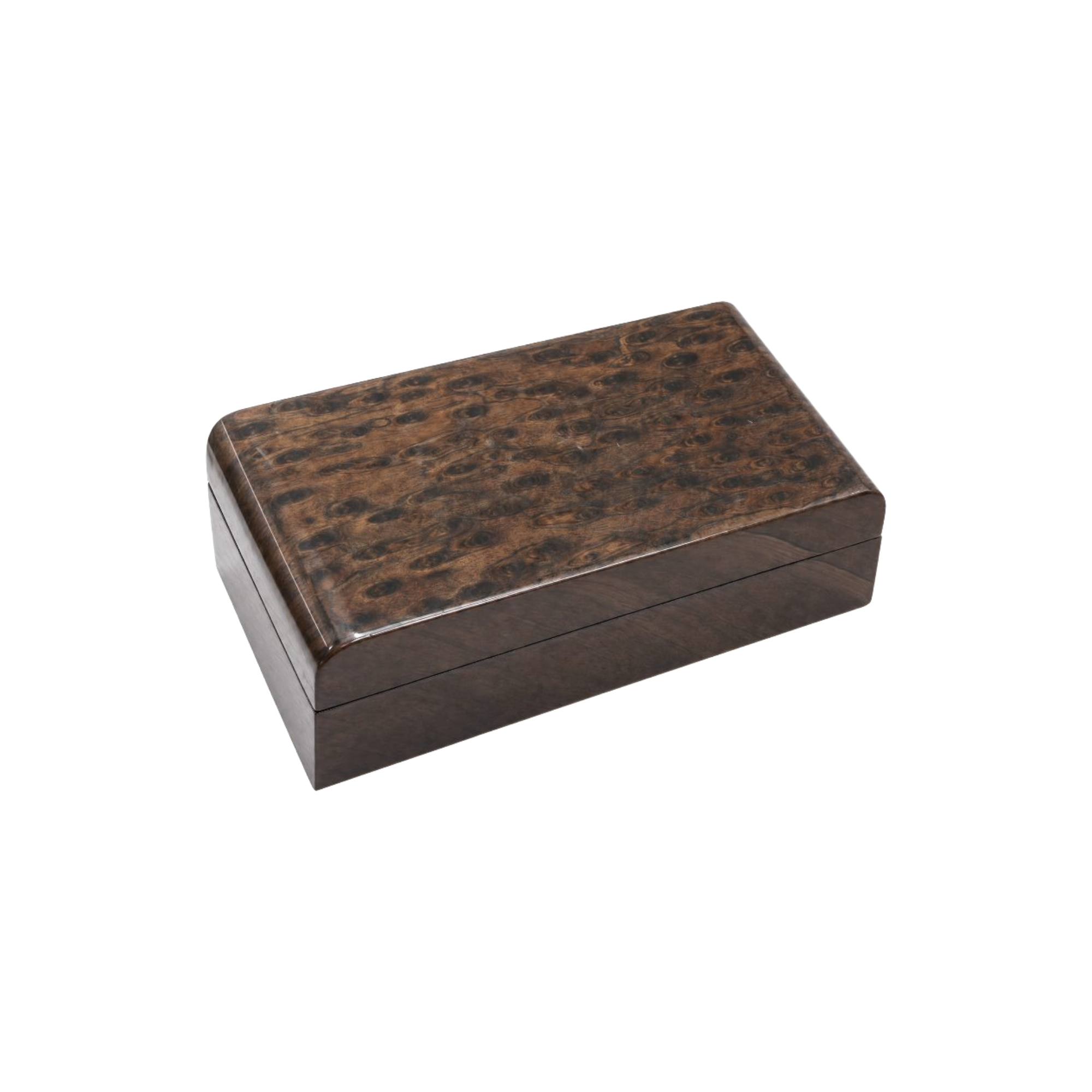Cofre decorativo pequeño de lujo en madera burl oscura con acabado pulido, vista en ángulo.