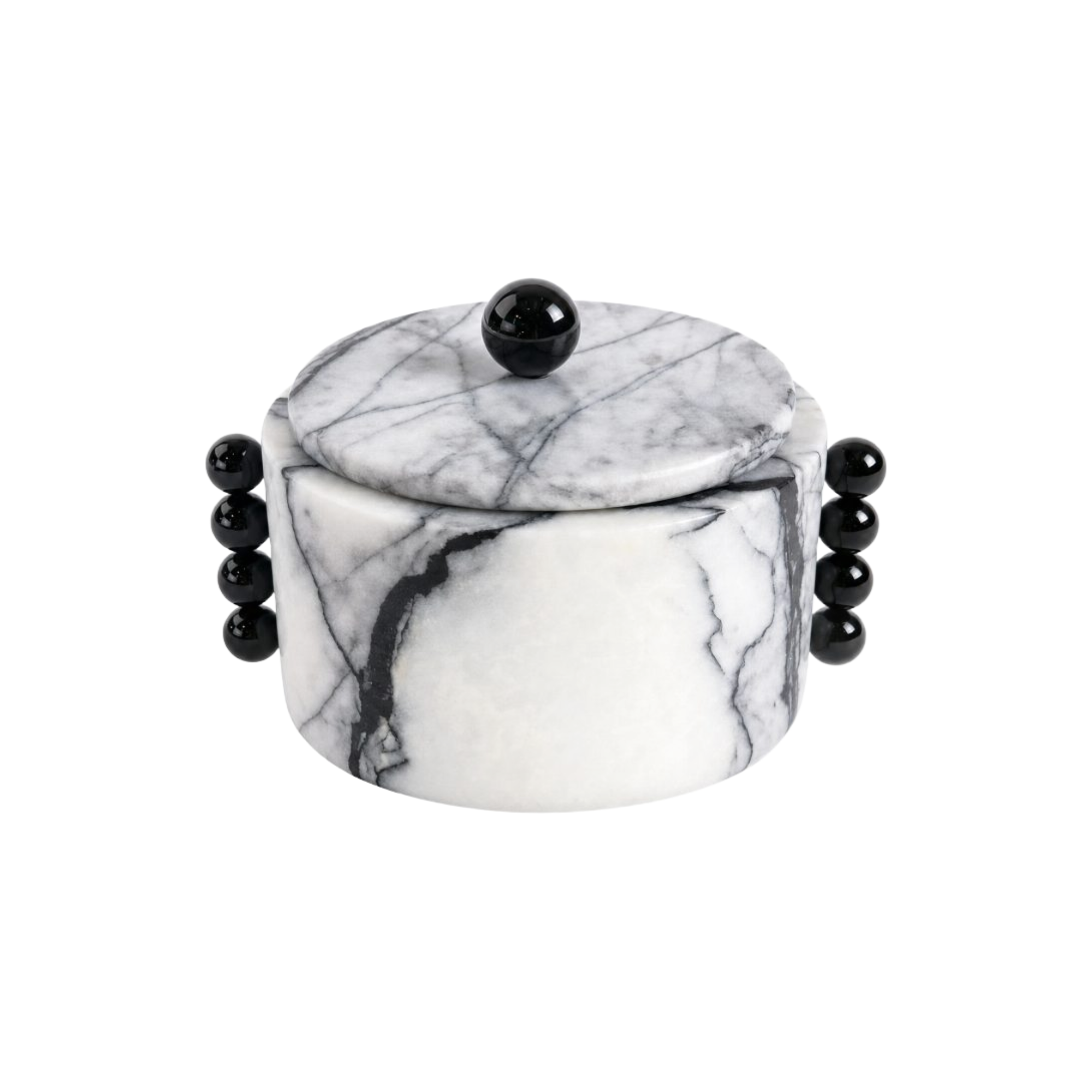 Recipiente decorativo de mármol blanco con vetas grises, tapa y perillas esféricas negras.