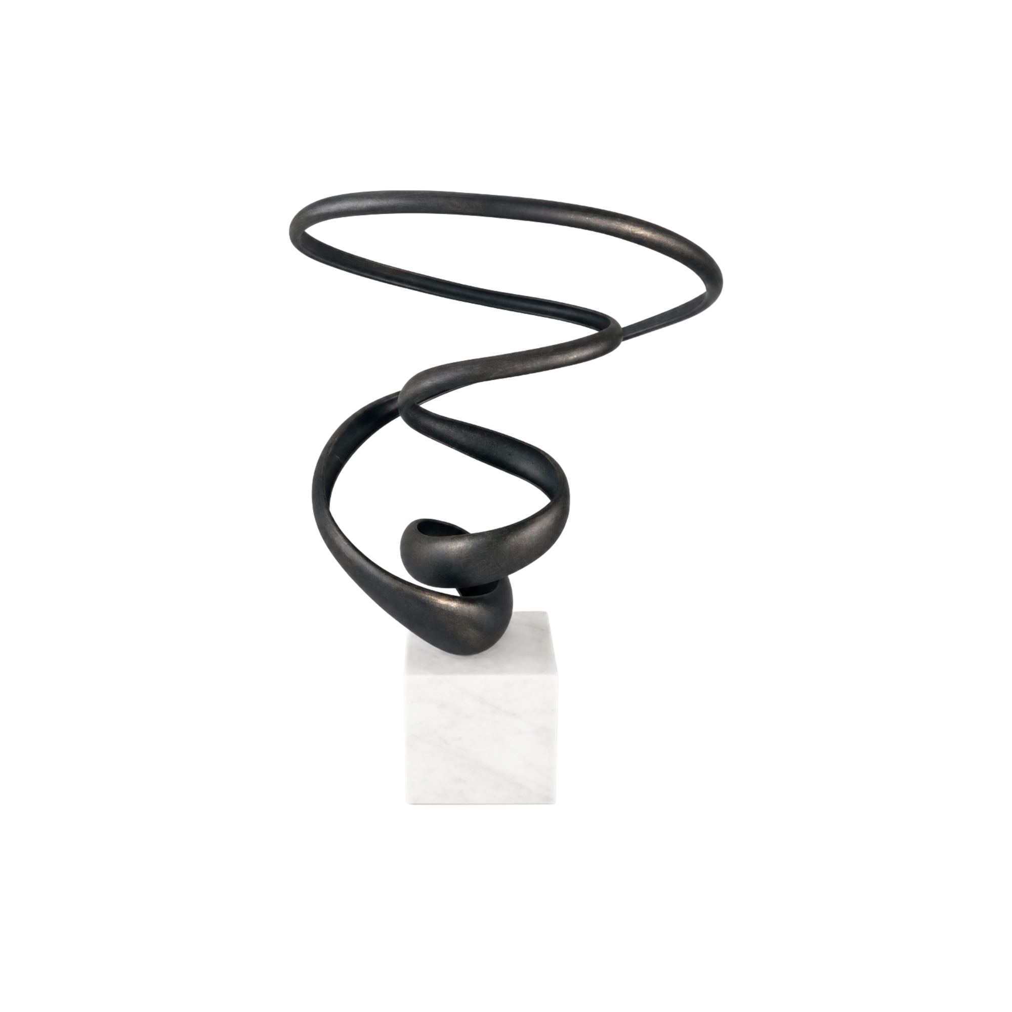 Escultura abstracta de metal negro en espiral sobre base de mármol blanco, pieza decorativa moderna de lujo.