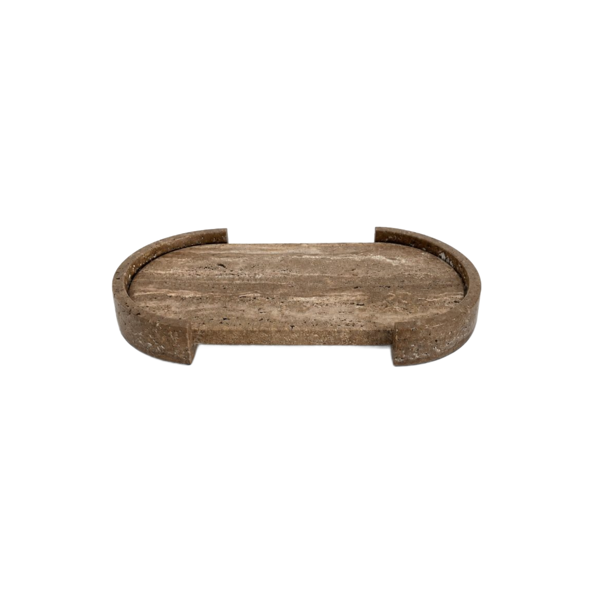 Bandeja ovalada de travertino natural con textura auténtica para decoración de lujo.