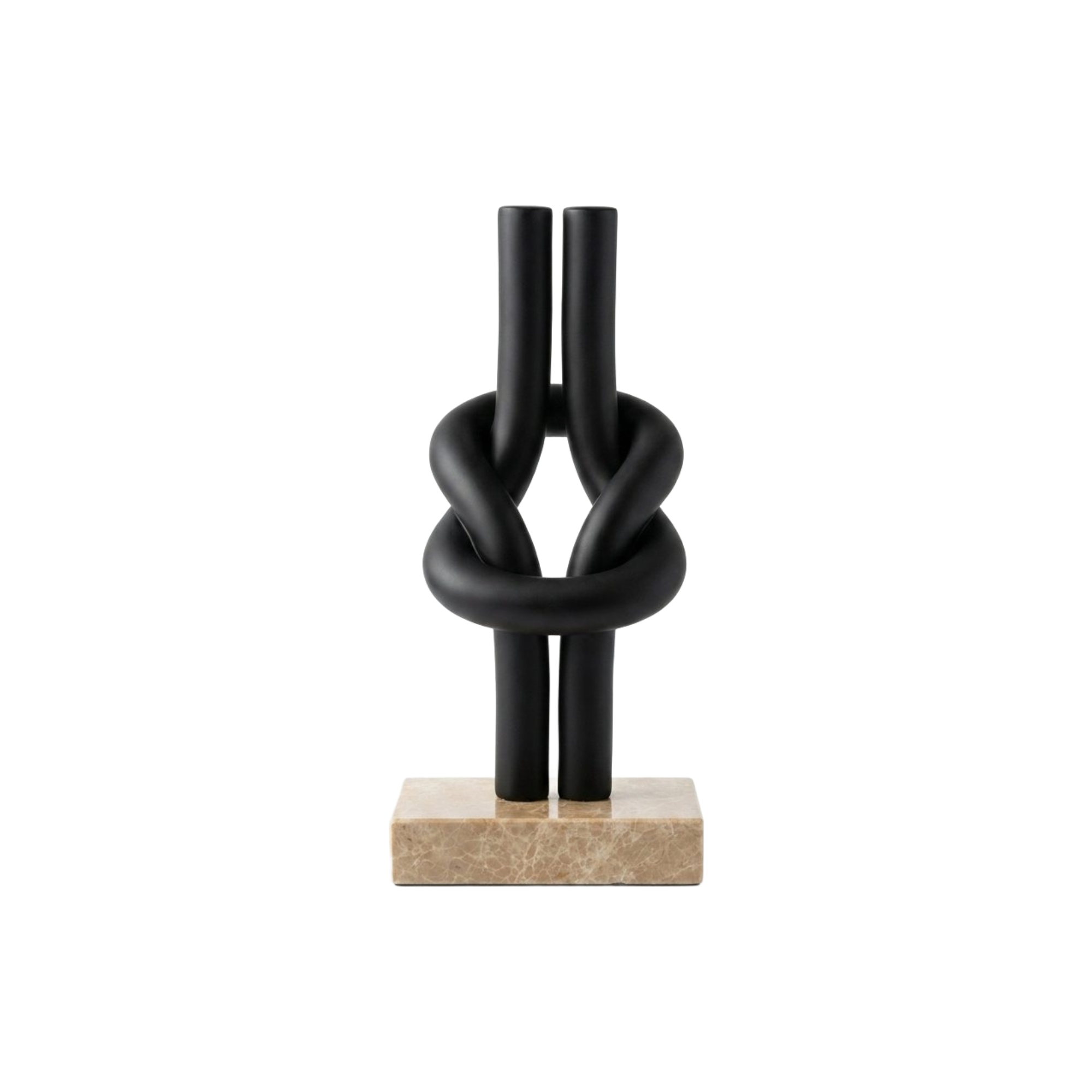 Escultura decorativa abstracta de nudo en negro mate sobre base de mármol beige, pieza de lujo para interiores modernos.