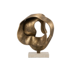 Escultura abstracta metálica de bronce con acabado brillante sobre base de piedra clara. Ideal decoración.