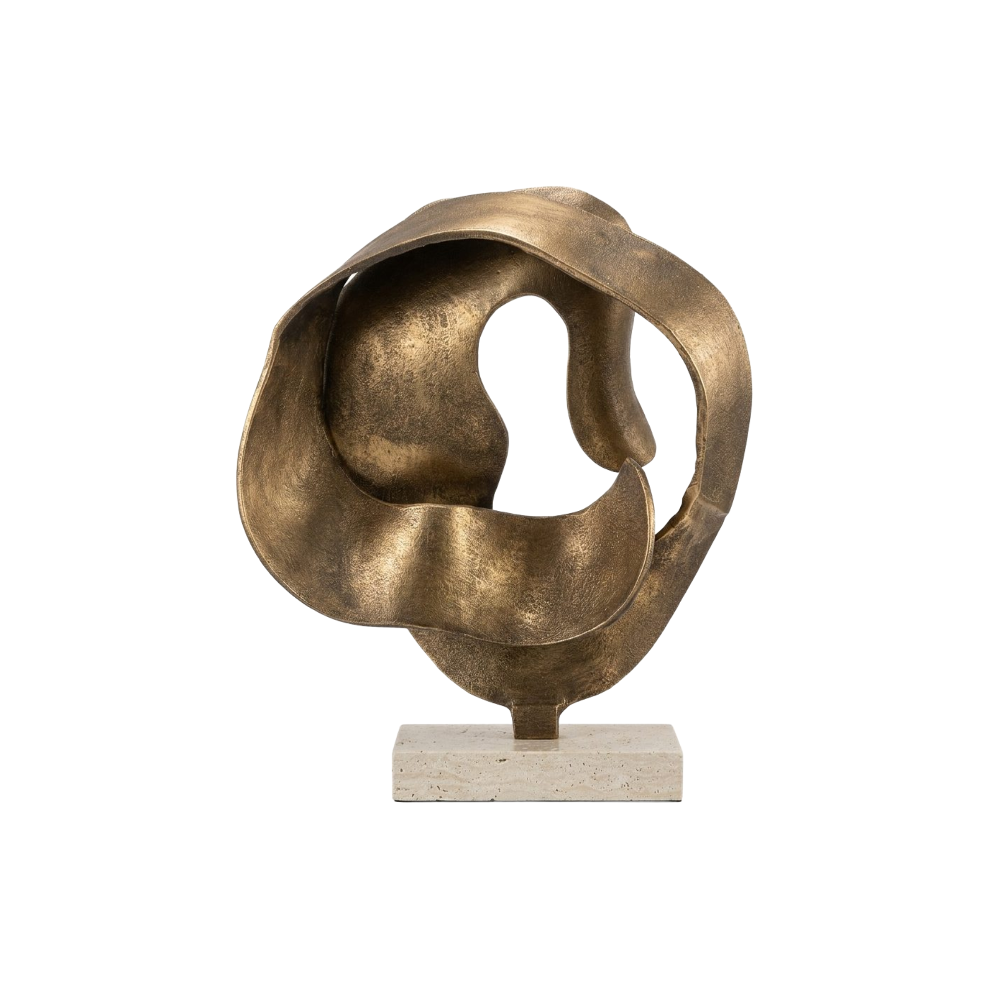 Escultura abstracta metálica de bronce con acabado brillante sobre base de piedra clara. Ideal decoración.