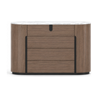 Cajonera de diseño contemporáneo en madera de nogal con vetas naturales y tapa de mármol blanco