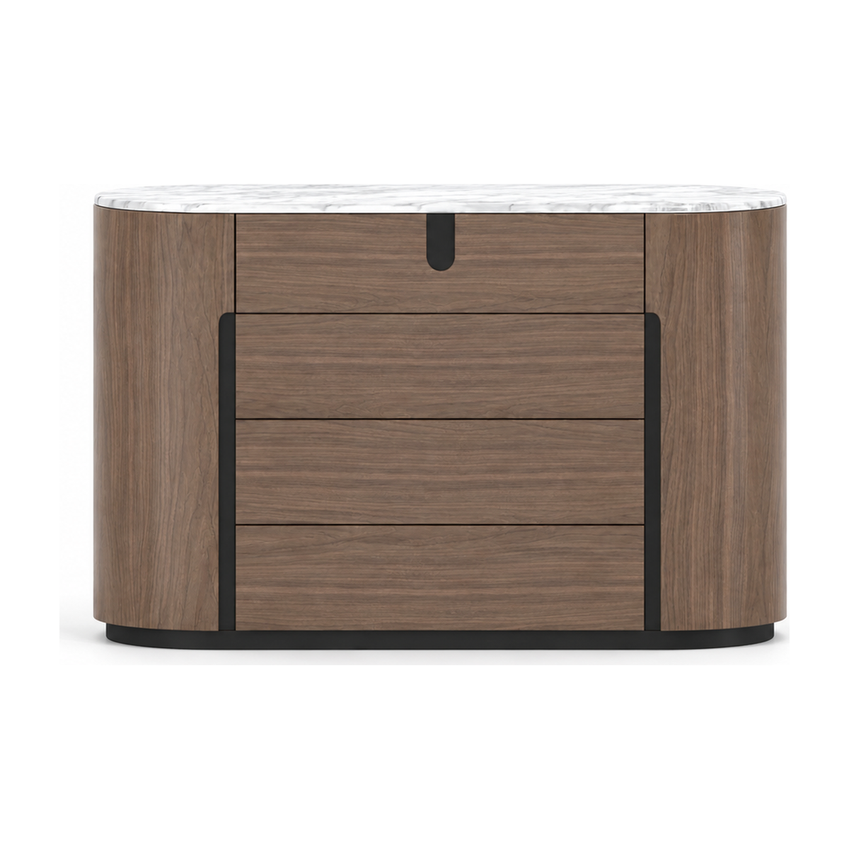 Cajonera de diseño contemporáneo en madera de nogal con vetas naturales y tapa de mármol blanco