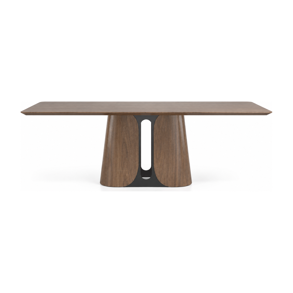 Mesa de comedor rectangular de madera oscura con base central esculpida en tonos café y negro