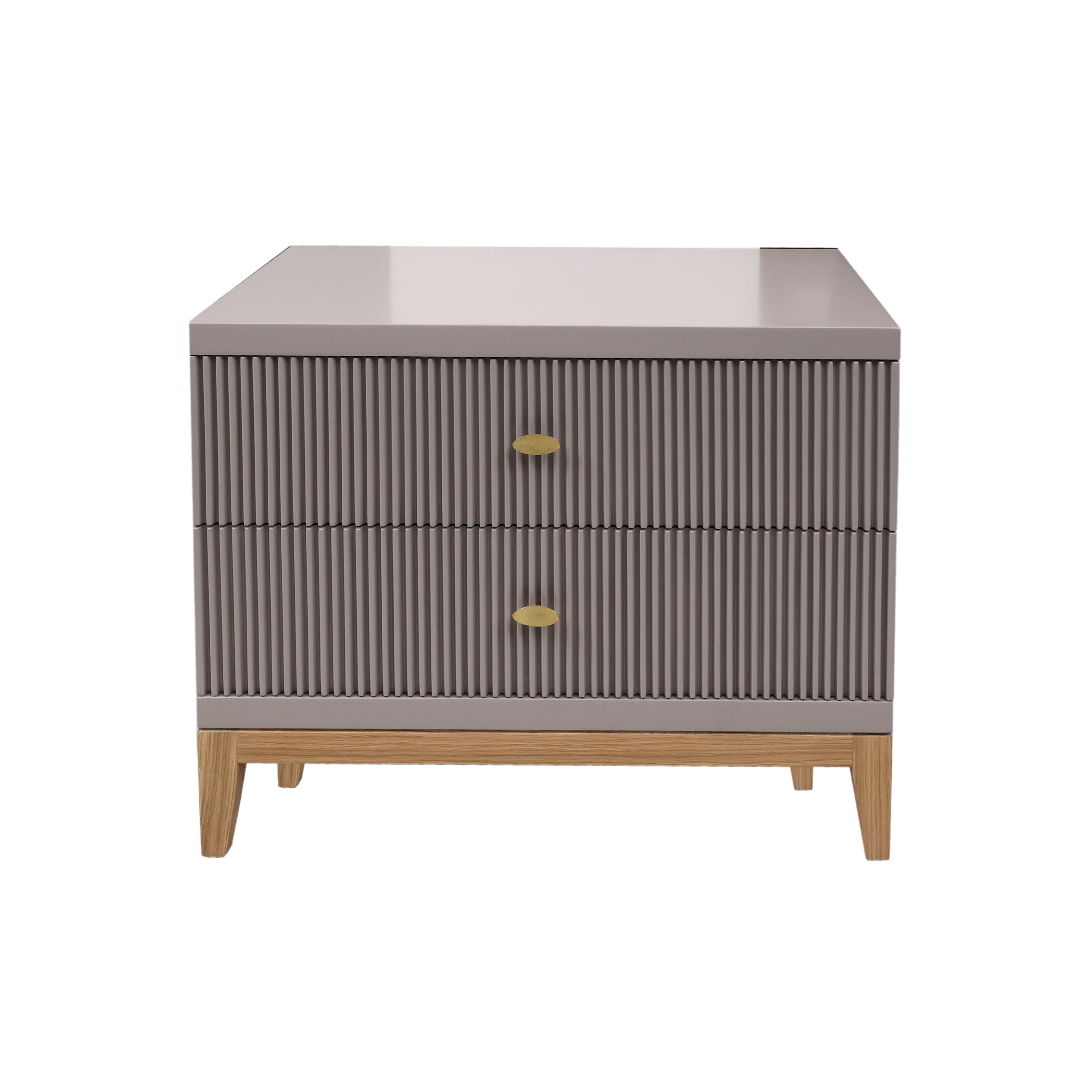 Mesita de noche gris con cajones dorados Nochero Danna - Vilá Decoración - Muebles y decoración en Medellín y Colombia
