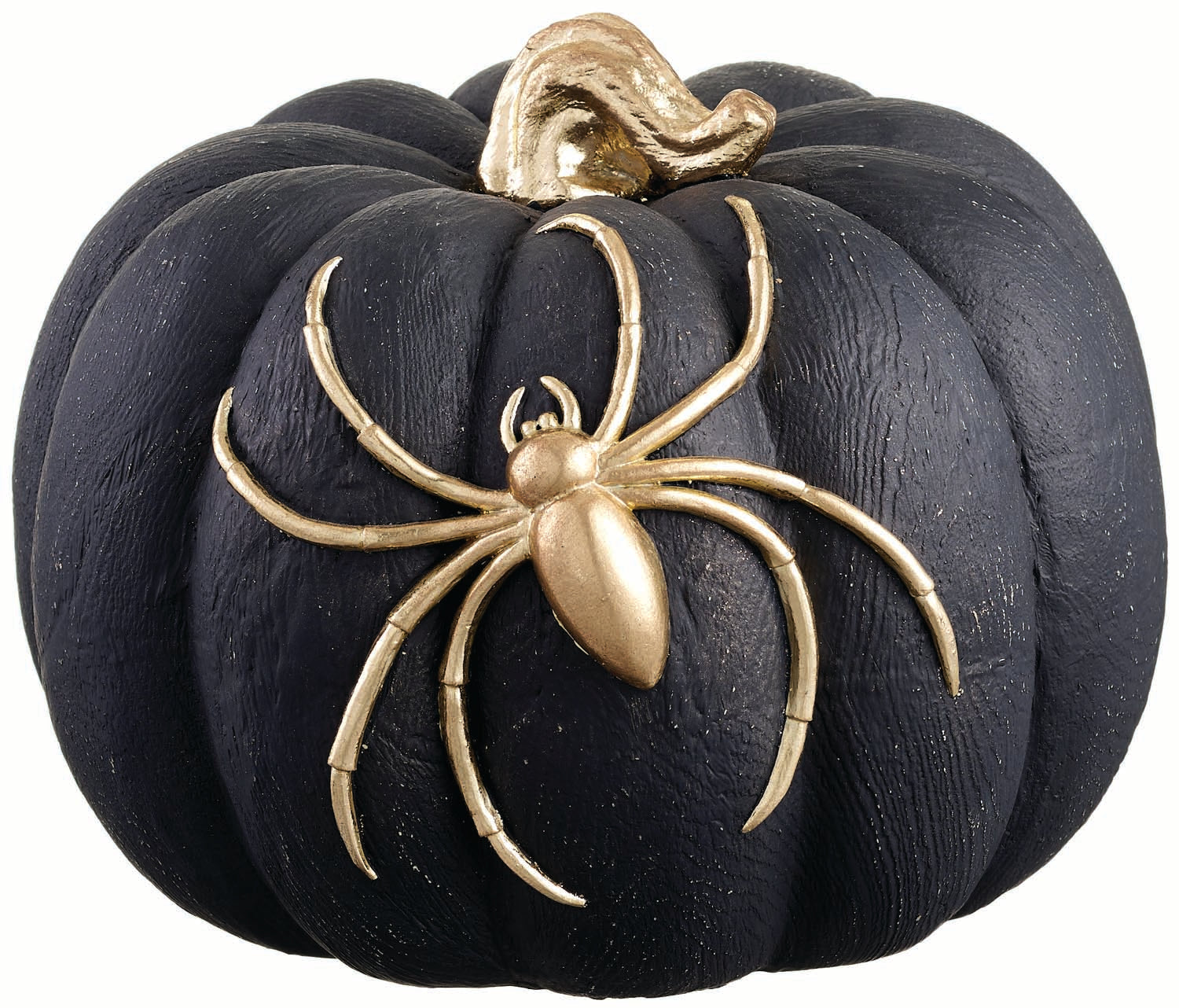 Calabaza decorativa negra mate con gran araña dorada y tallo dorado para decoración de Halloween elegante