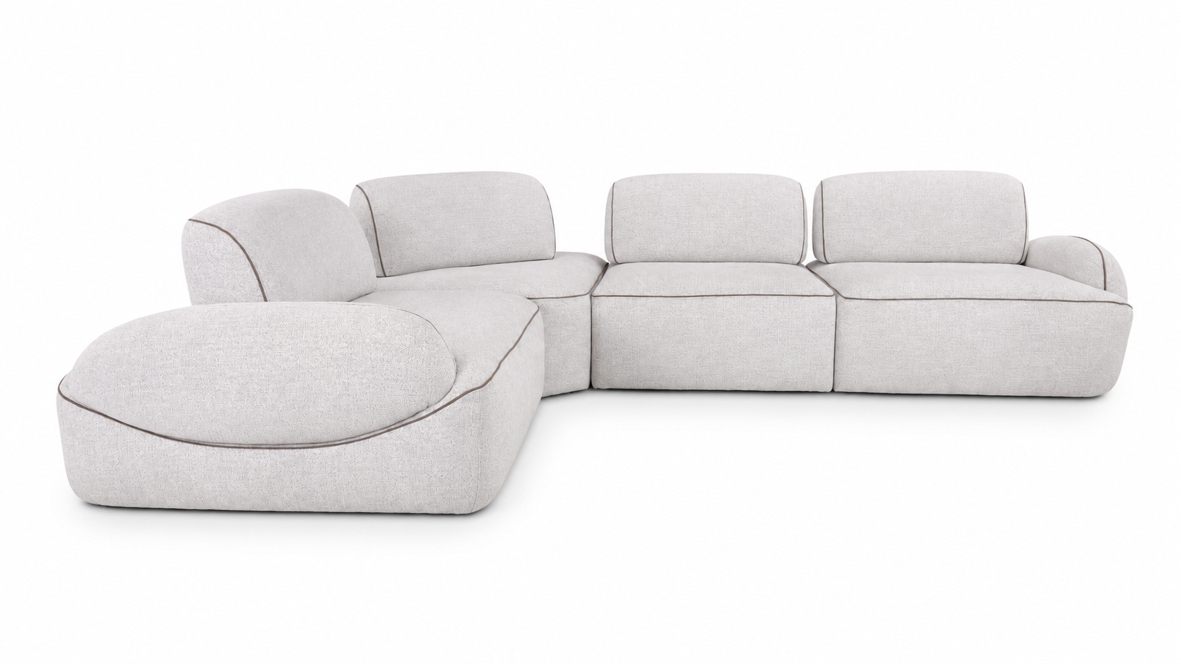 Sofá modular Elia en L con chaise longue, tela clara y ribete café, diseño exclusivo para sala