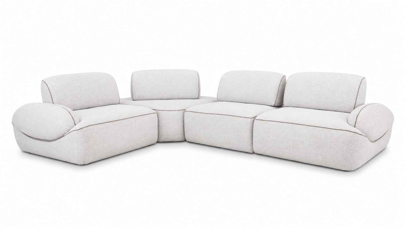 Sofá seccional modular Elia de 5 puestos en tela clara con ribete marrón, vista frontal izquierda