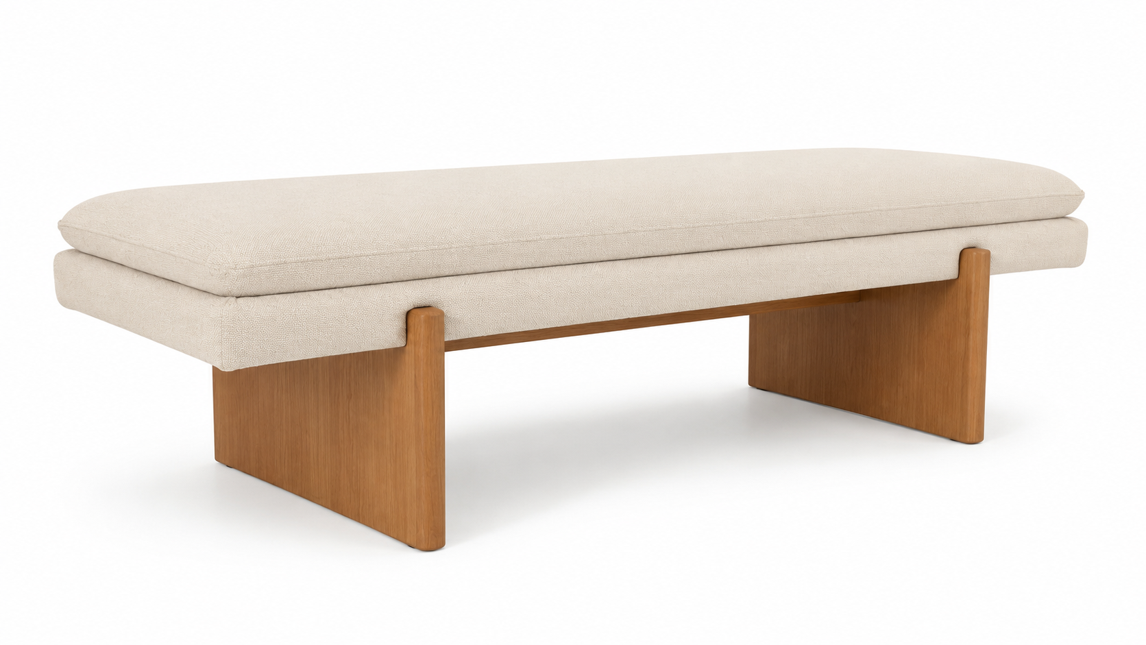 Banca Aster de diseño elegante con tapizado color crema y base de madera natural, estilo exclusivo y refinado.