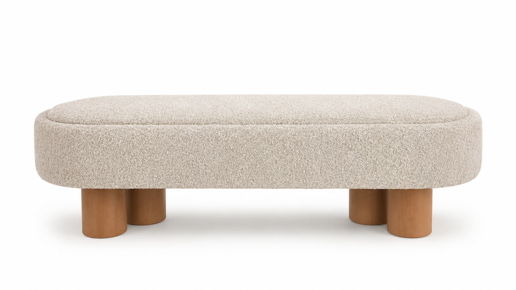 Banca Duna ovalada de diseño moderno, tapizada en bouclé color beige claro con patas de madera clara.