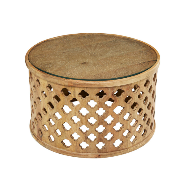 Mesa de centro circular madera tallada con vidrio - Vilá Decoración - Muebles y decoración en Medellín y Colombia