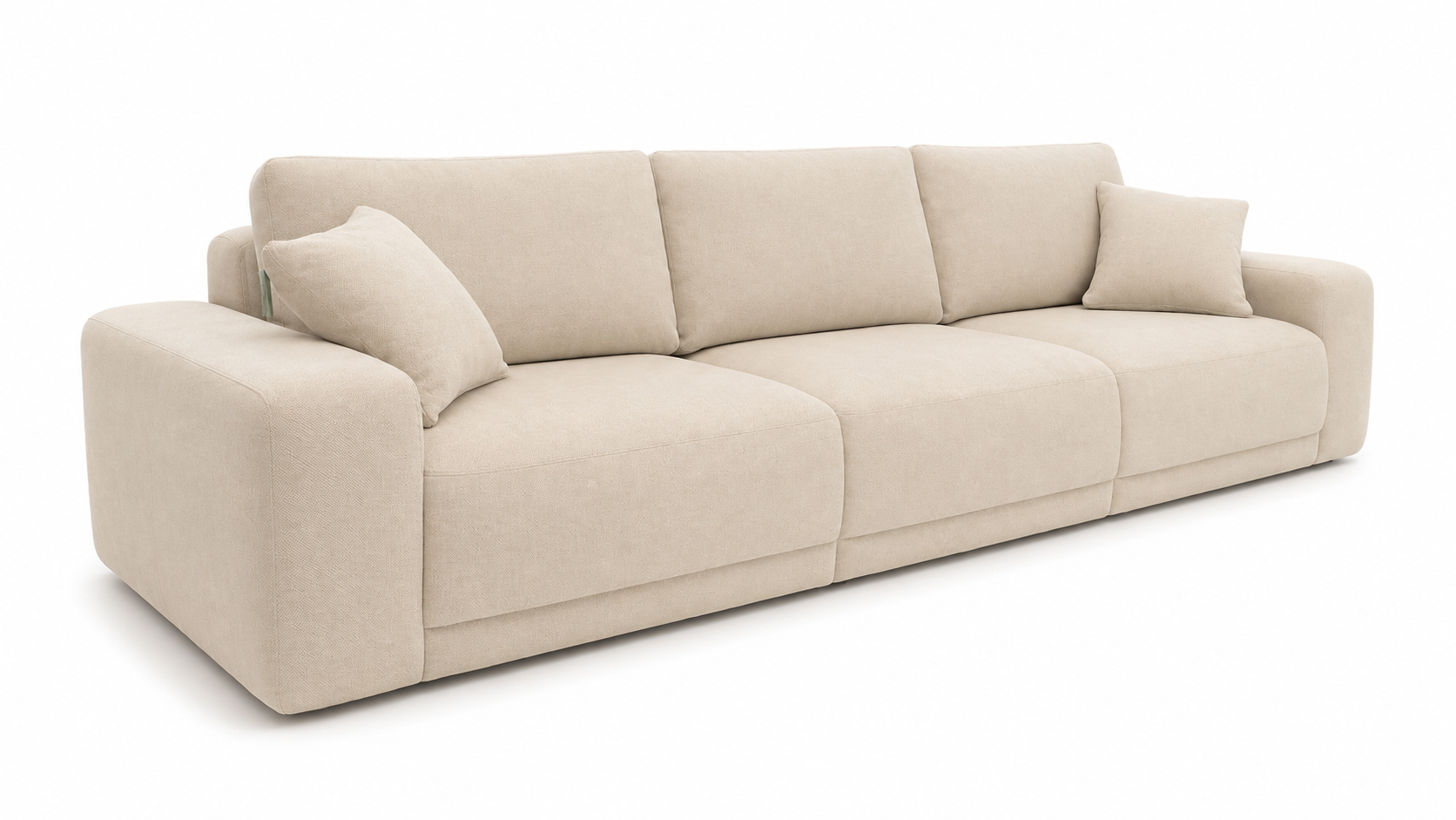 Sofá Oslo beige claro de tres plazas, vista angular. Mueble moderno y personalizable para sala de estar.