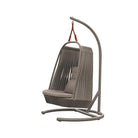 Sillón colgante exterior moderno de color gris con tejido trenzado, cojín acolchado y estructura de metal, perfecto para jardín y terraza.