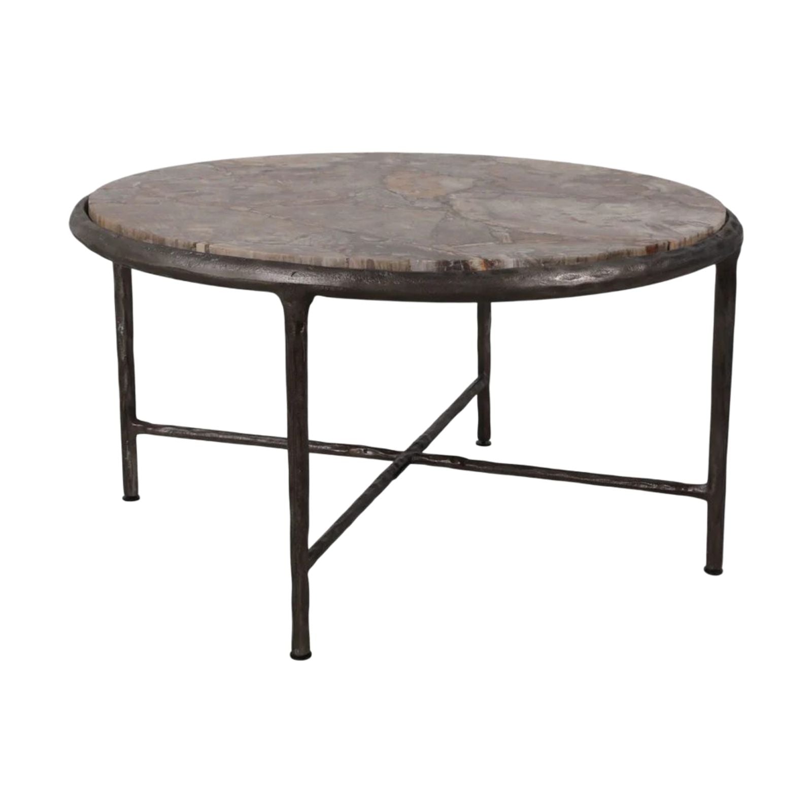 Mesa de centro redonda rústica industrial con tapa de madera oscura envejecida y base de metal.