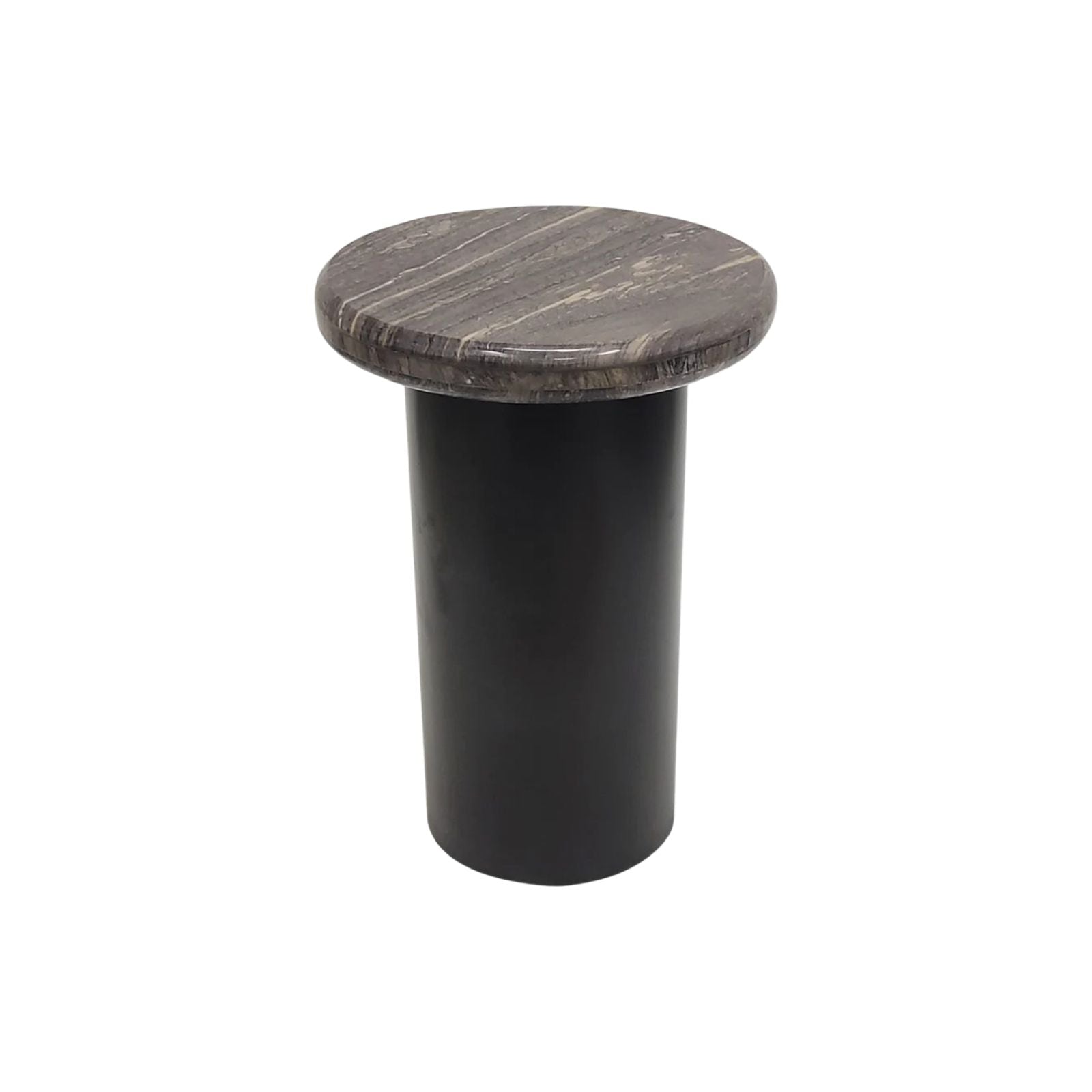 Mesa auxiliar redonda con tope de mármol gris veteado y base cilíndrica negra mate, ideal para sala.