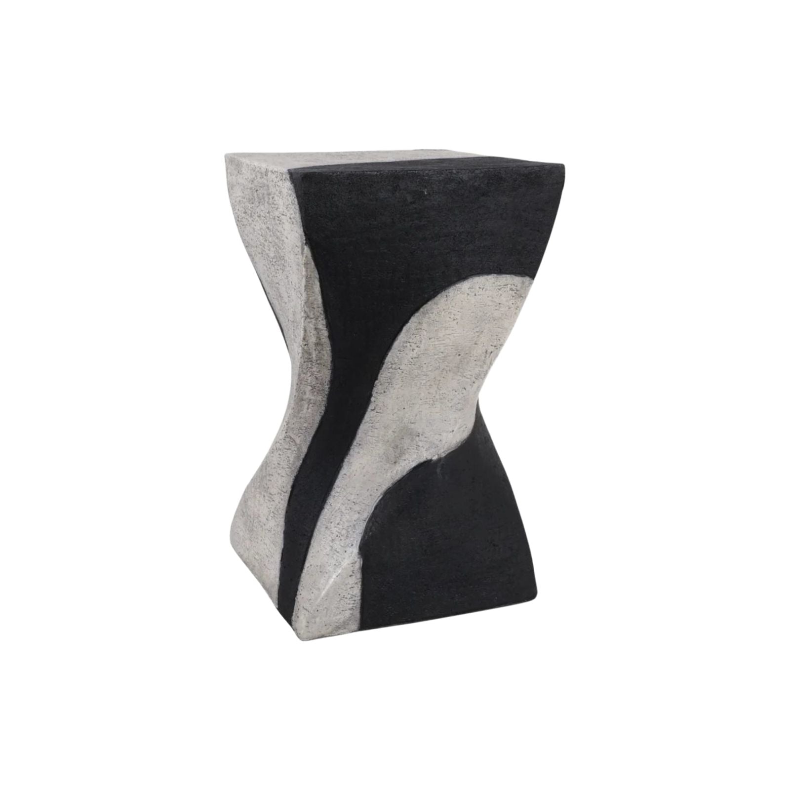 Mesa auxiliar escultural bicolor de concreto en tonos gris claro y oscuro, con forma de reloj de arena.