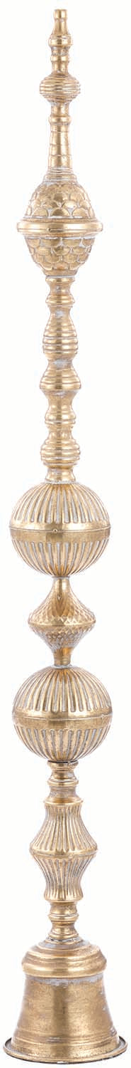 Pilar decorativo de metal dorado envejecido con tallados ornamentales, estilo vintage, para decoración del hogar.