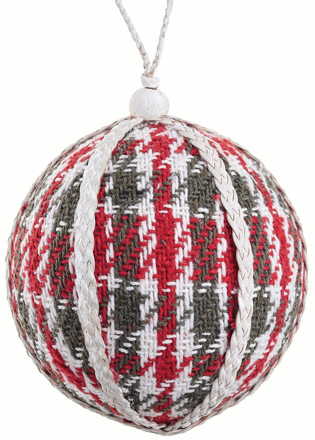 Bola de Navidad con patrón houndstooth rojo, verde oscuro y blanco, con cordones trenzados para decoración festiva. | Vilá Decoración