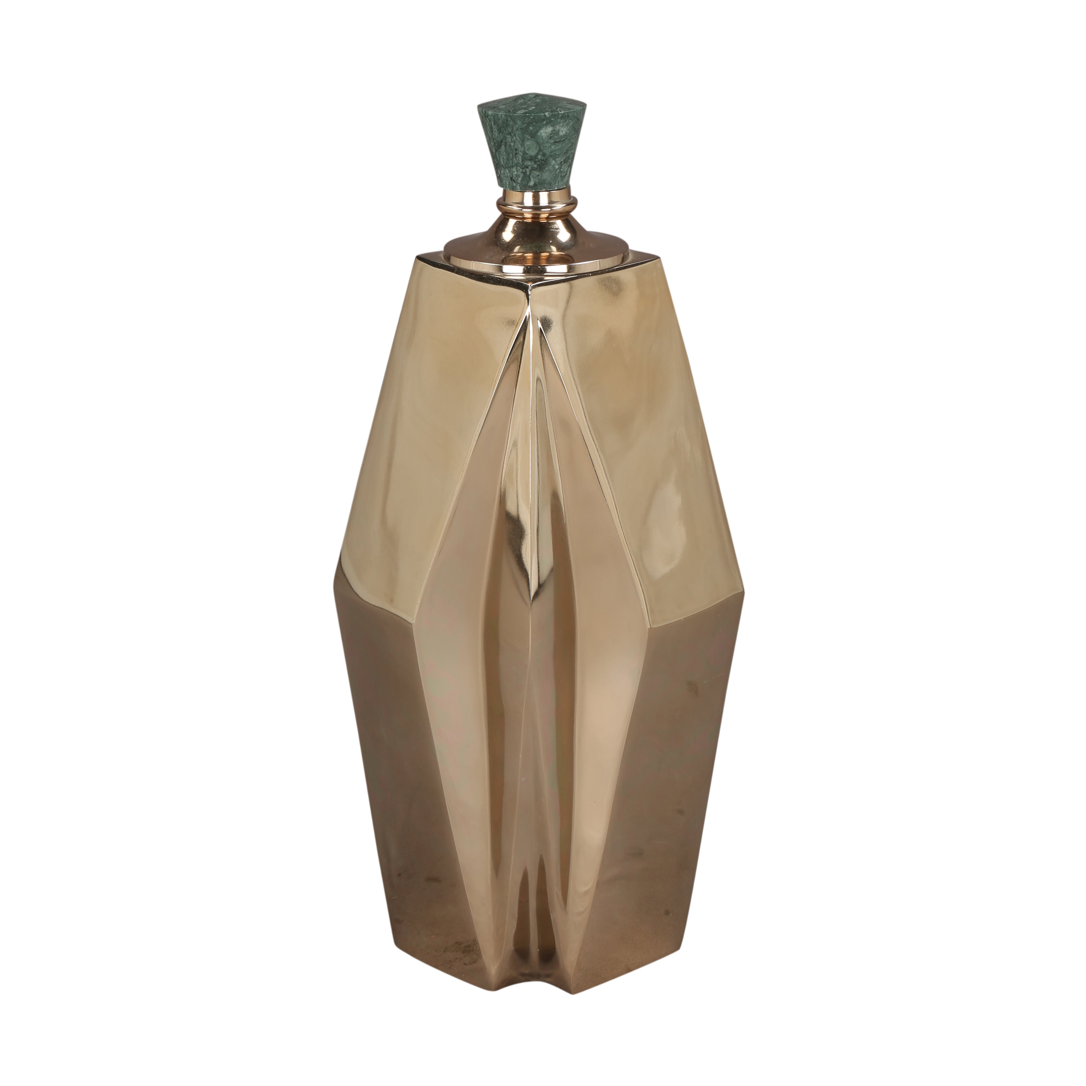Botella decorativa geométrica color dorado con tapa verde, vista frontal de lujo.