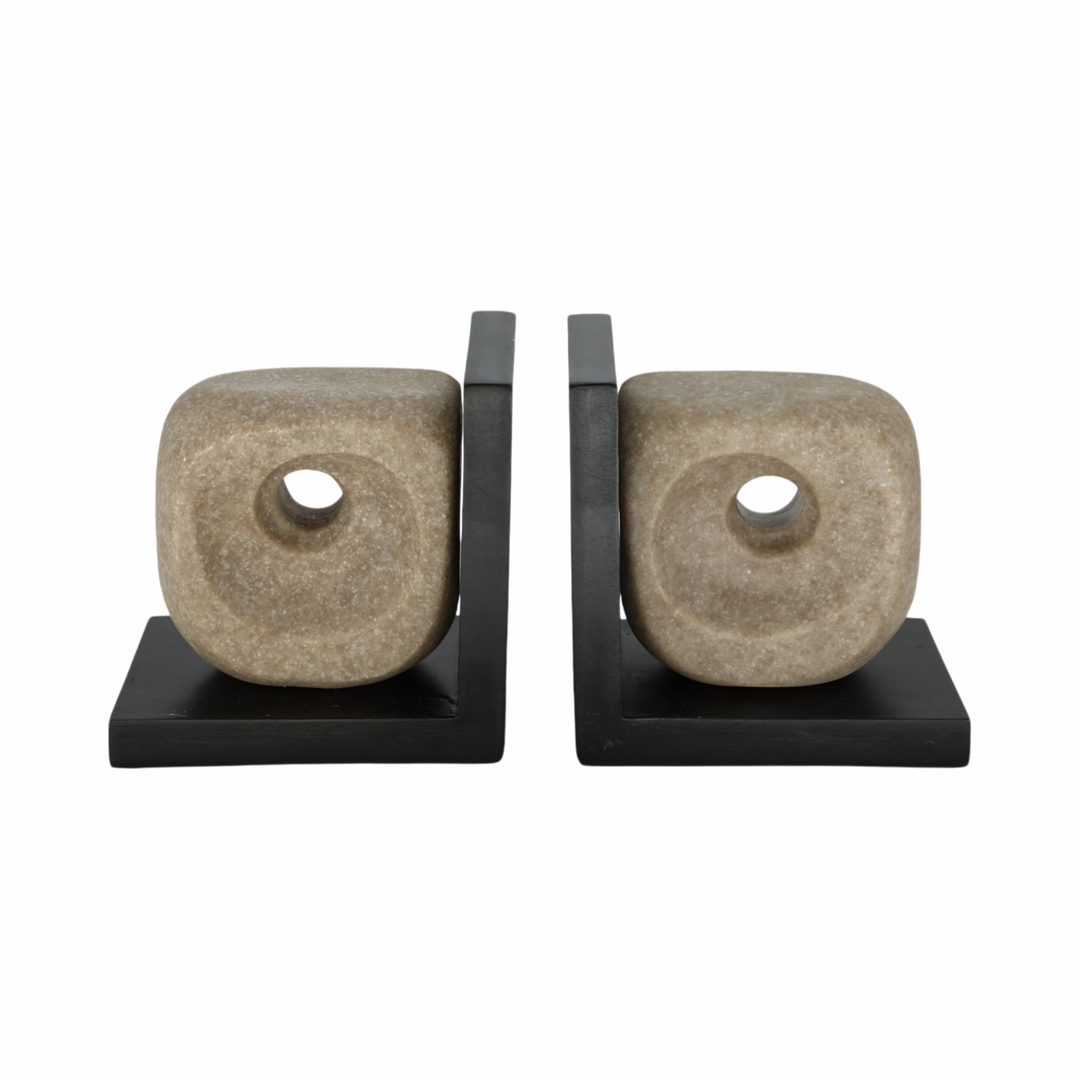 Par de sujetalibros modernos de diseño abstracto en piedra beige y base L negra, fondo blanco.