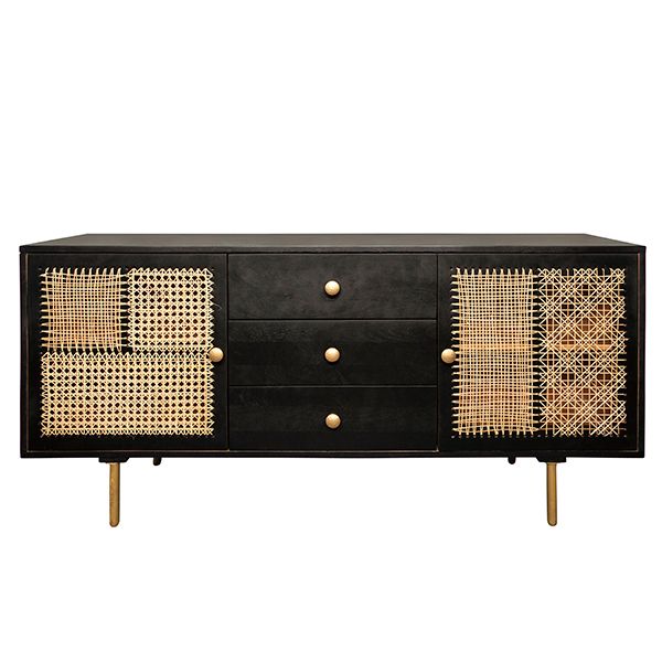 Cajonera Negra con Puertas Tejidas en Rattan - Vilá Decoración
